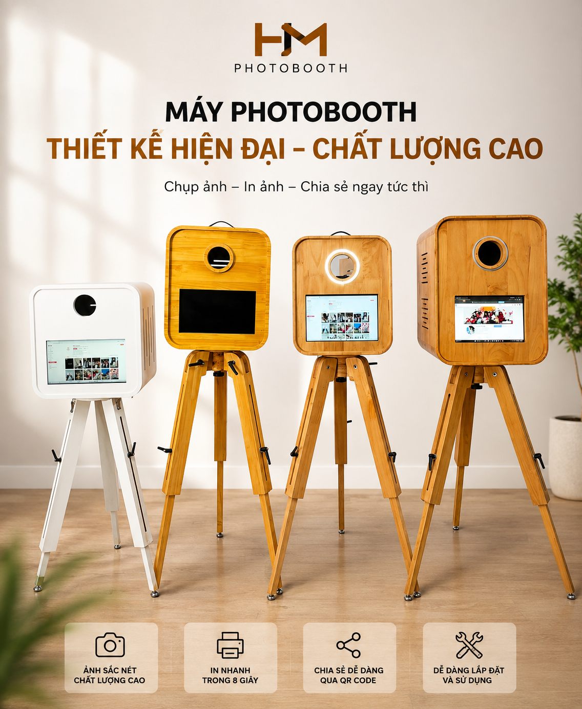 Bộ máy photobooth HM: 4 mẫu box gỗ và trắng trên chân tripod, máy ảnh Canon, máy in DNP, màn hình cảm ứng